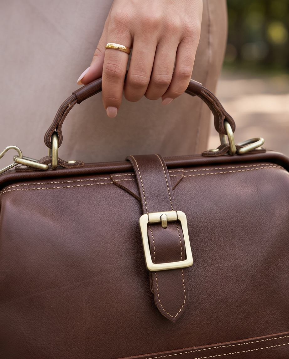 Q-AVELINE Vintage Red-Brown Full Grain Leather Messenger Bag for Women – Kiss-Lock Frame, 3-Way Carry