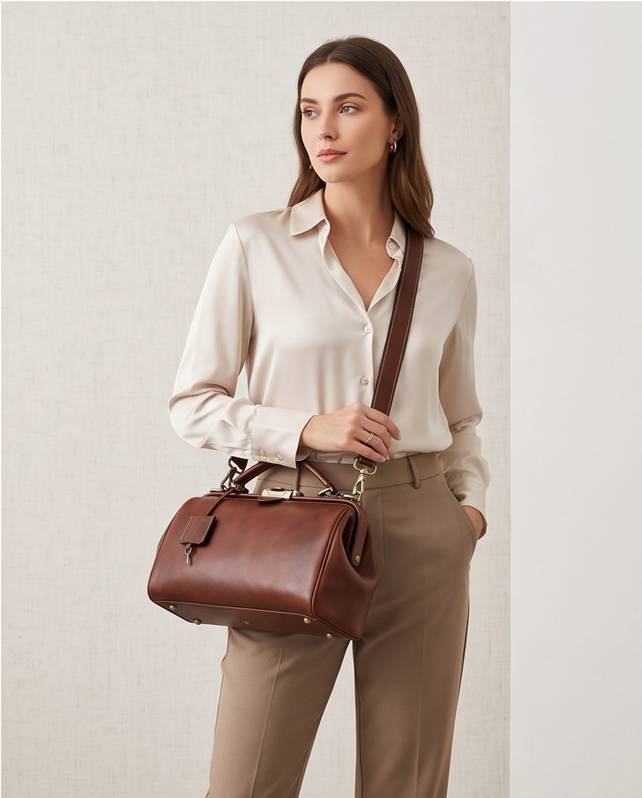 Q-DURARE Vintage Full-Grain Leather Frame Bag for Women – Anti-Theft Lock, Crossbody & Shoulder Bag