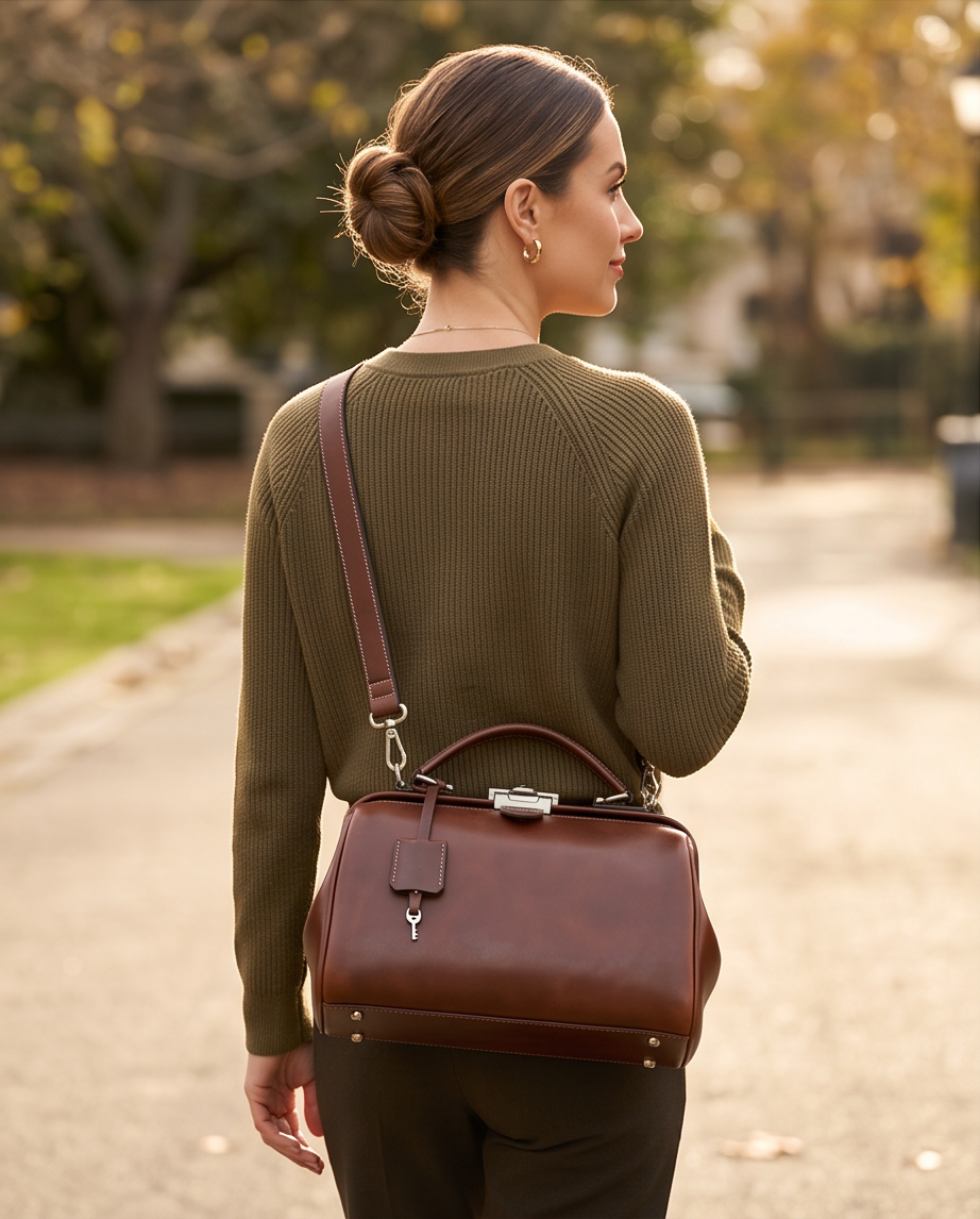 Q-DURARE Vintage Full-Grain Leather Frame Bag for Women – Anti-Theft Lock, Crossbody & Shoulder Bag