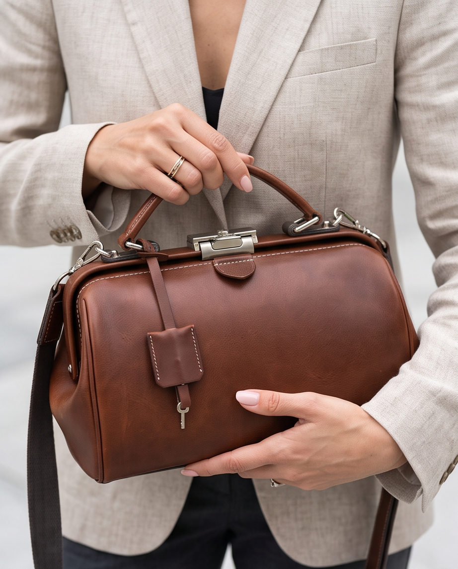Q-DURARE Vintage Full-Grain Leather Frame Bag for Women – Anti-Theft Lock, Crossbody & Shoulder Bag