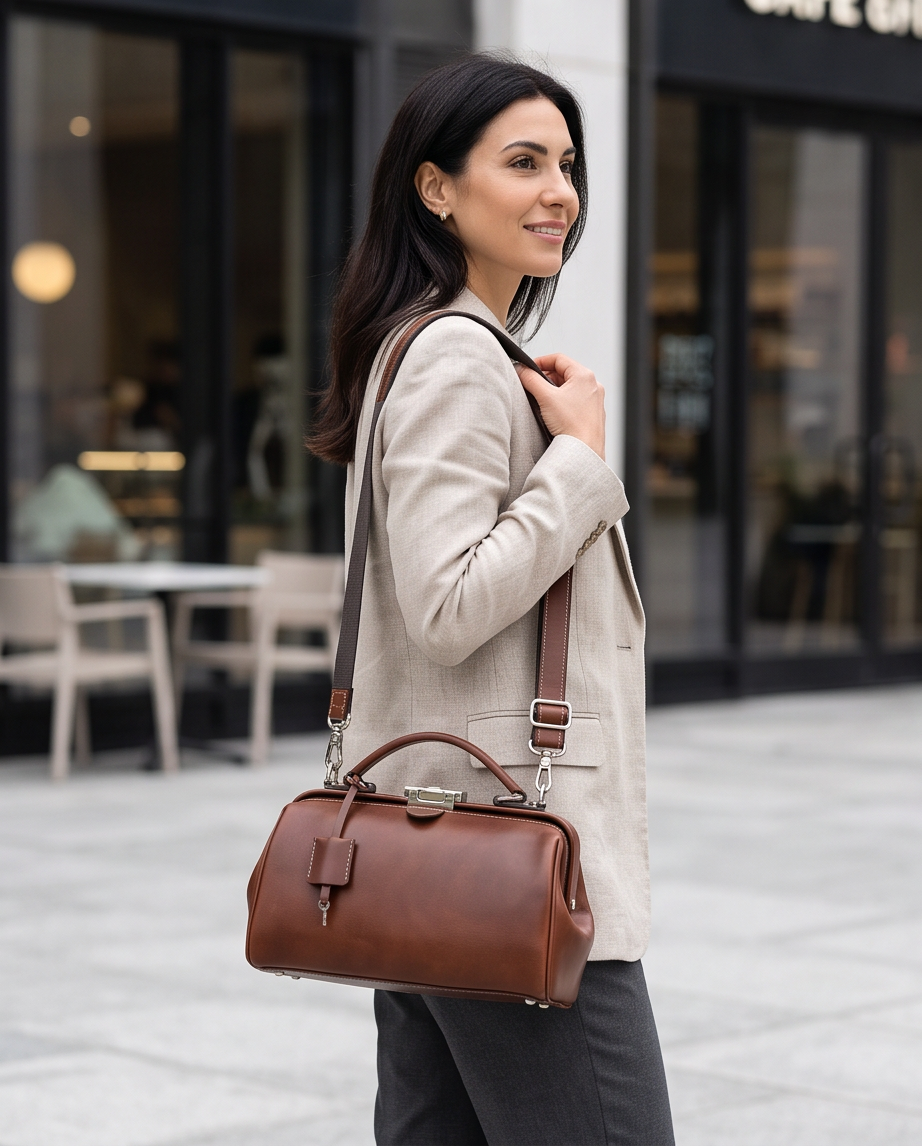 Q-DURARE Vintage Full-Grain Leather Frame Bag for Women – Anti-Theft Lock, Crossbody & Shoulder Bag