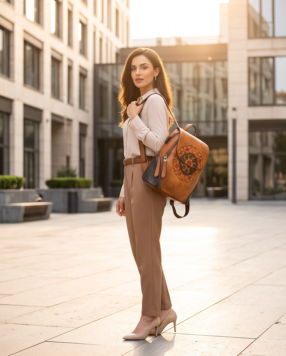 Q-SWEET Retro Genuine Leather Backpack for Women – USB Charging Port, Multi-Pocket