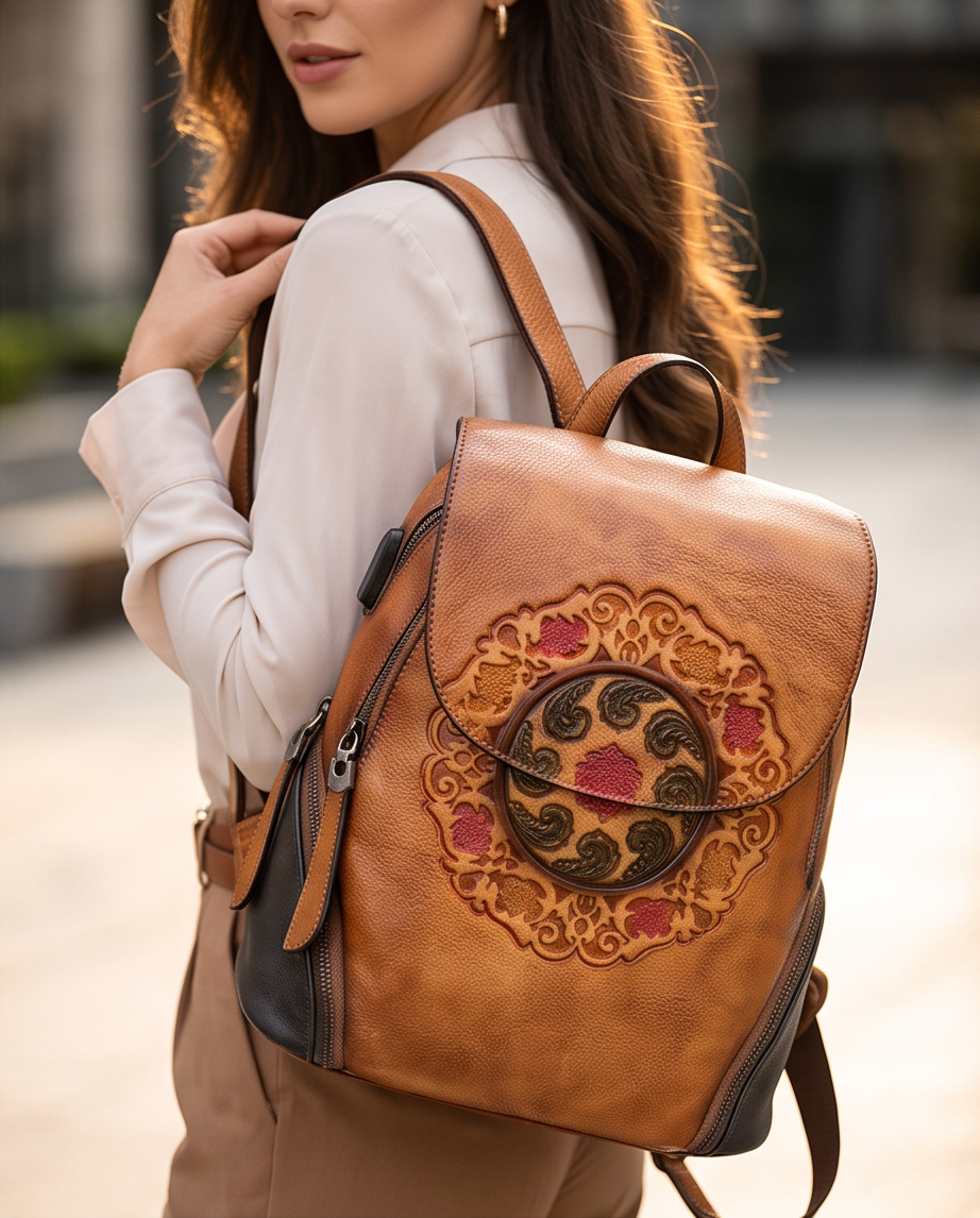Q-SWEET Retro Genuine Leather Backpack for Women – USB Charging Port, Multi-Pocket