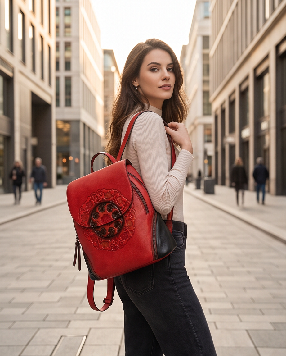 Q-SWEET Retro Genuine Leather Backpack for Women – USB Charging Port, Multi-Pocket