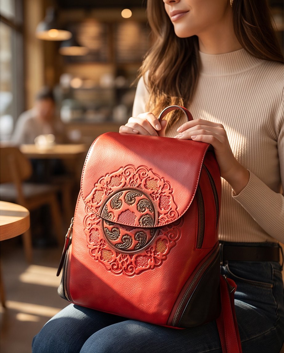 Q-SWEET Retro Genuine Leather Backpack for Women – USB Charging Port, Multi-Pocket
