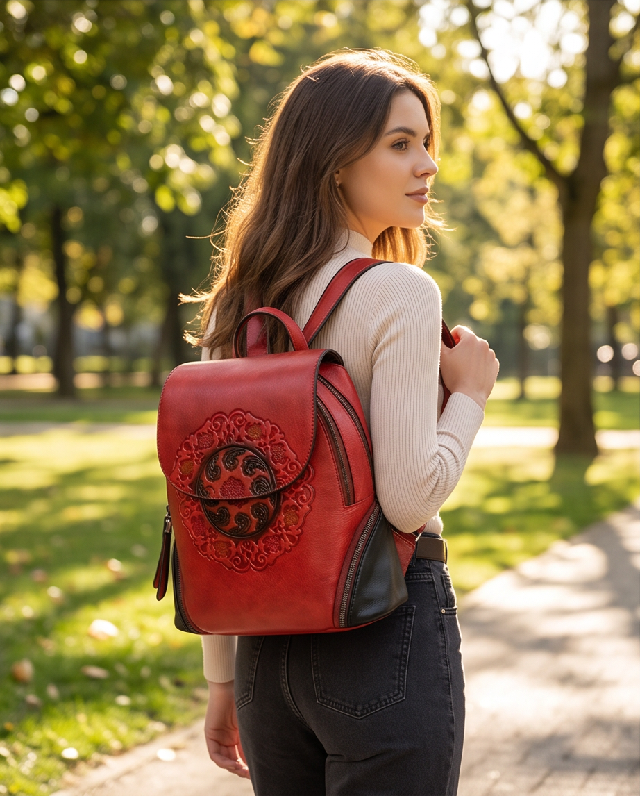 Q-SWEET Retro Genuine Leather Backpack for Women – USB Charging Port, Multi-Pocket