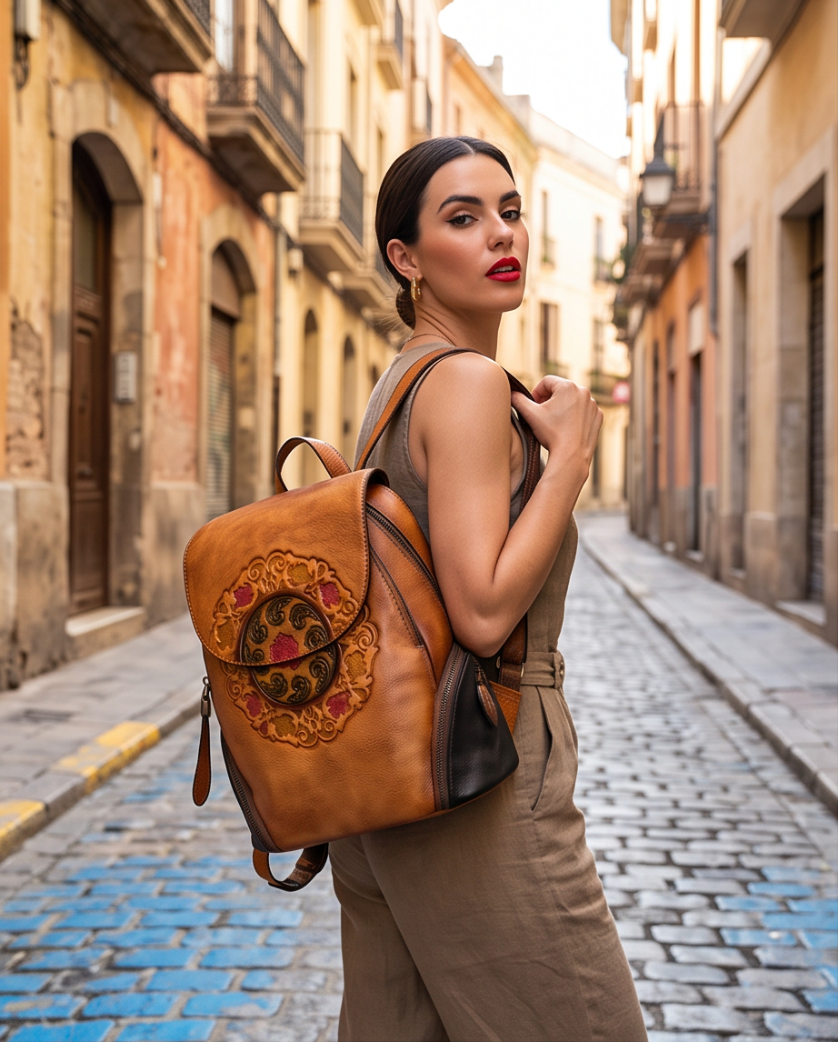 Q-SWEET Retro Genuine Leather Backpack for Women – USB Charging Port, Multi-Pocket