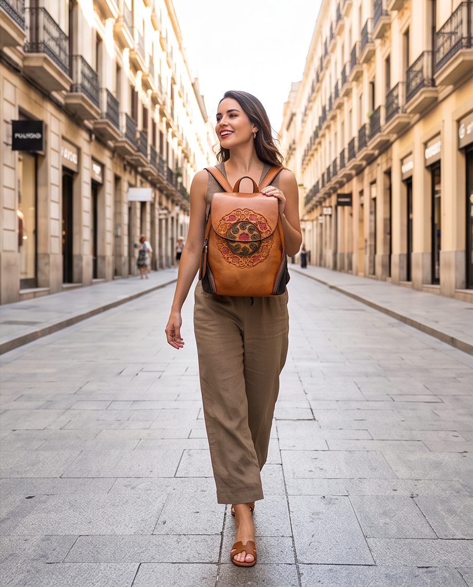 Q-SWEET Retro Genuine Leather Backpack for Women – USB Charging Port, Multi-Pocket