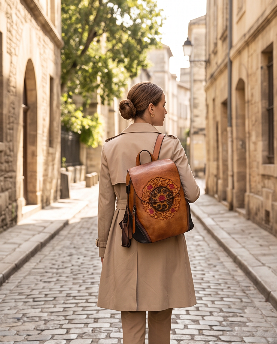 Q-SWEET Retro Genuine Leather Backpack for Women – USB Charging Port, Multi-Pocket