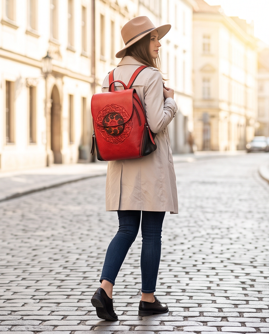 Q-SWEET Retro Genuine Leather Backpack for Women – USB Charging Port, Multi-Pocket