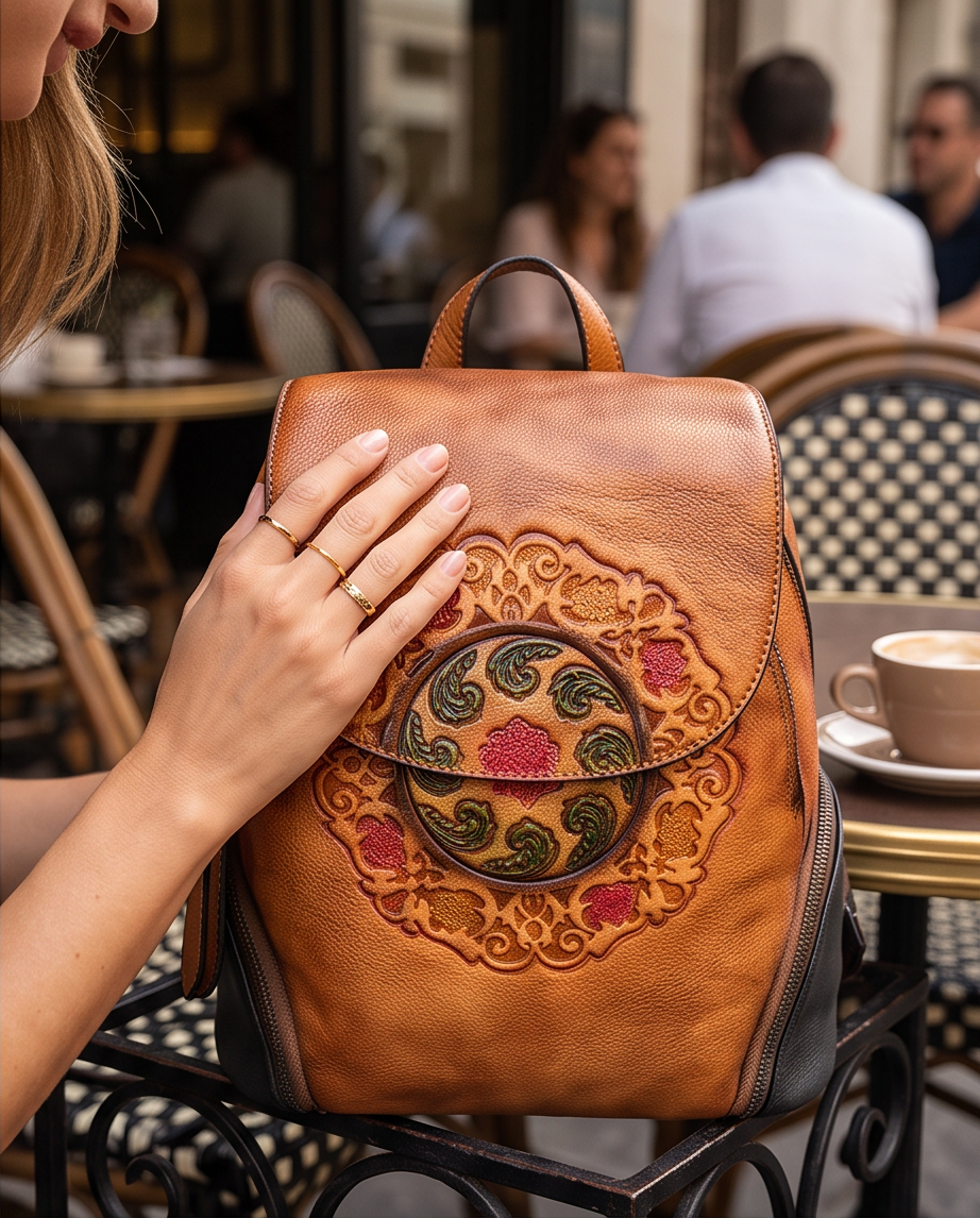 Q-SWEET Retro Genuine Leather Backpack for Women – USB Charging Port, Multi-Pocket