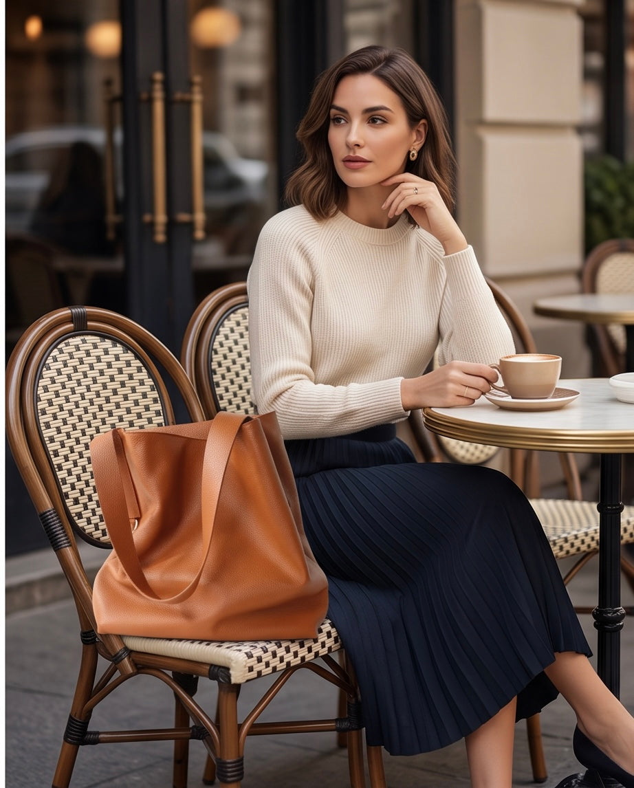 Q-DONNA Full-Grain Leather Bucket Tote Bag for Women – Expandable Shoulder & Messenger