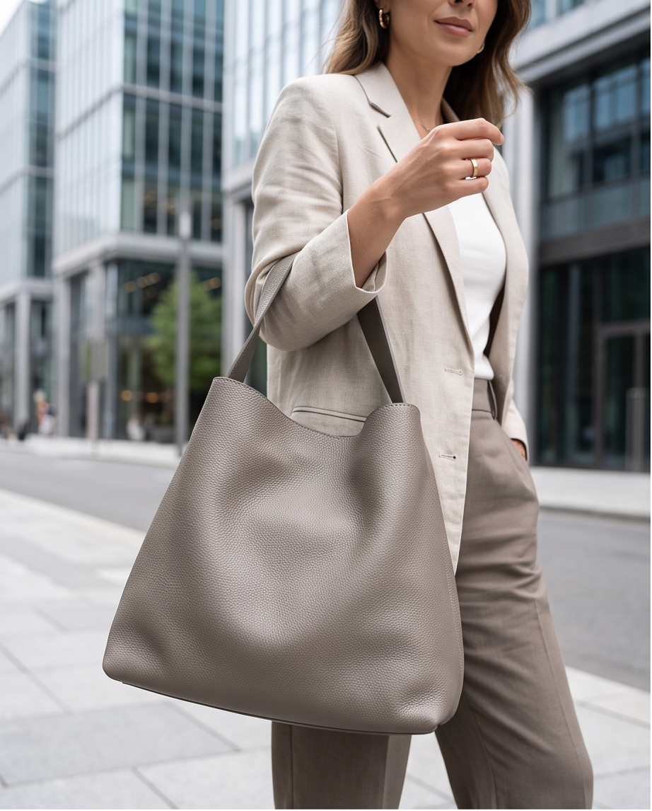 Q-DONNA Full-Grain Leather Bucket Tote Bag for Women – Expandable Shoulder & Messenger