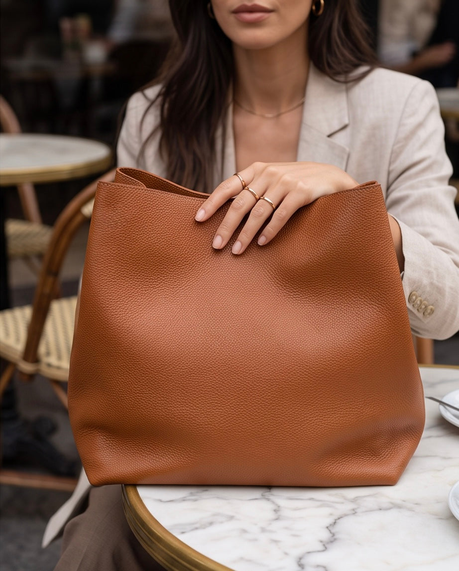 Q-DONNA Full-Grain Leather Bucket Tote Bag for Women – Expandable Shoulder & Messenger