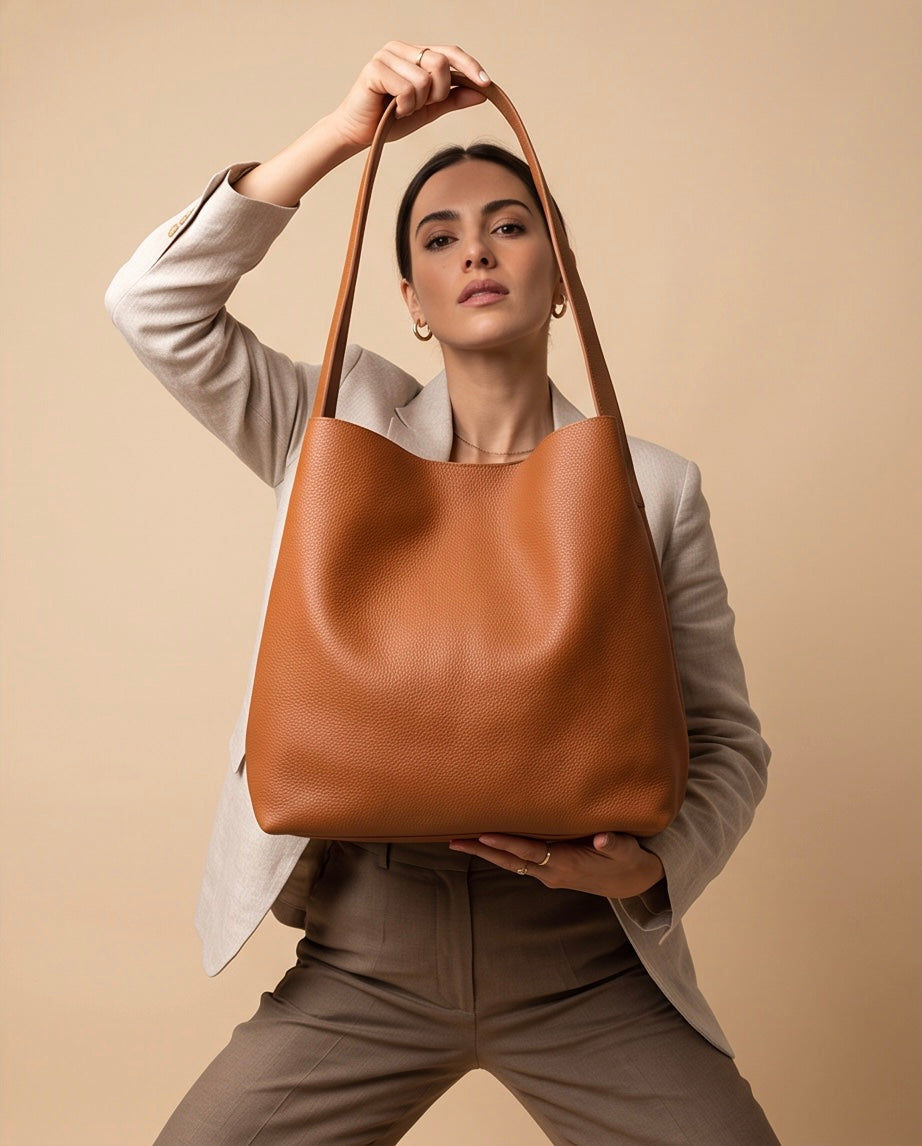 Q-DONNA Full-Grain Leather Bucket Tote Bag for Women – Expandable Shoulder & Messenger