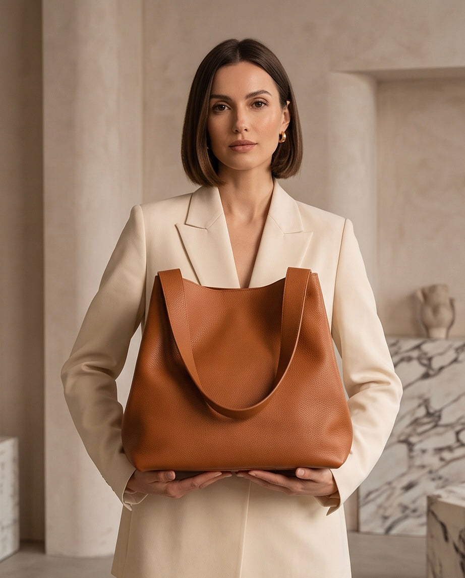 Q-DONNA Full-Grain Leather Bucket Tote Bag for Women – Expandable Shoulder & Messenger