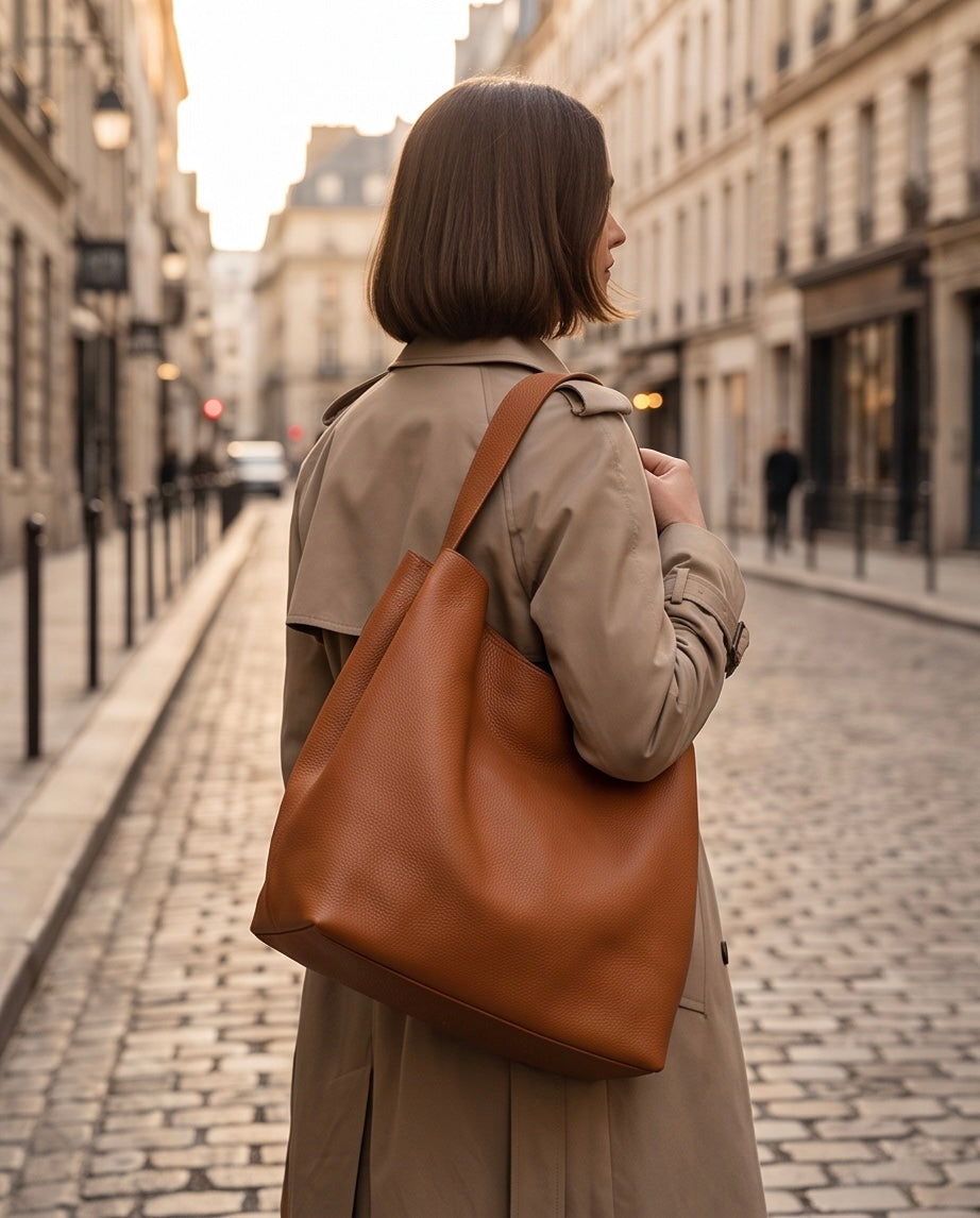 Q-DONNA Full-Grain Leather Bucket Tote Bag for Women – Expandable Shoulder & Messenger