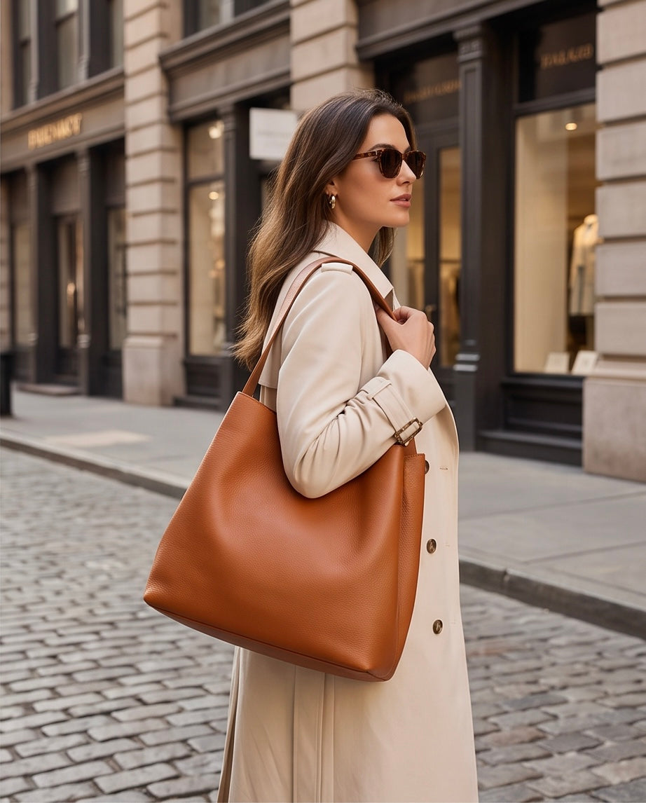 Q-DONNA Full-Grain Leather Bucket Tote Bag for Women – Expandable Shoulder & Messenger