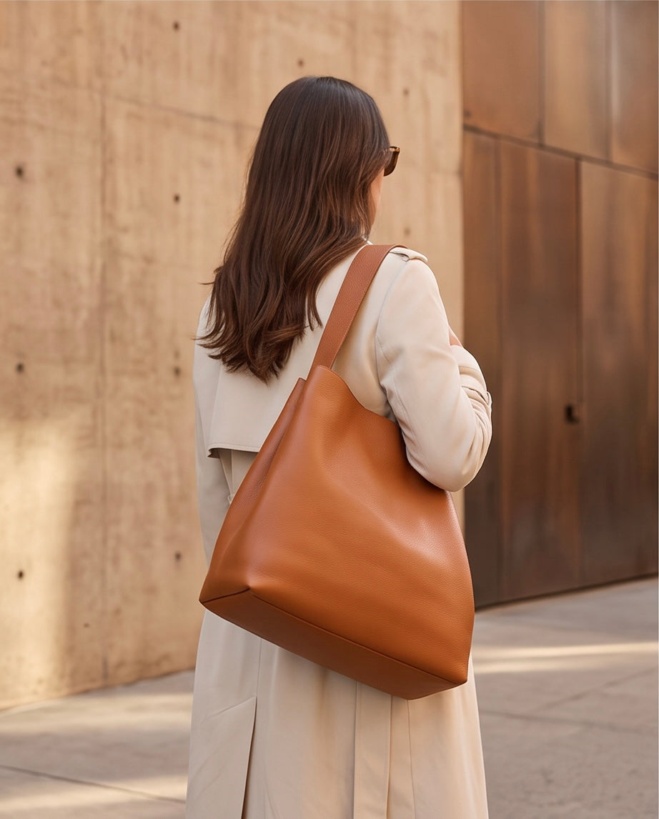 Q-DONNA Full-Grain Leather Bucket Tote Bag for Women – Expandable Shoulder & Messenger