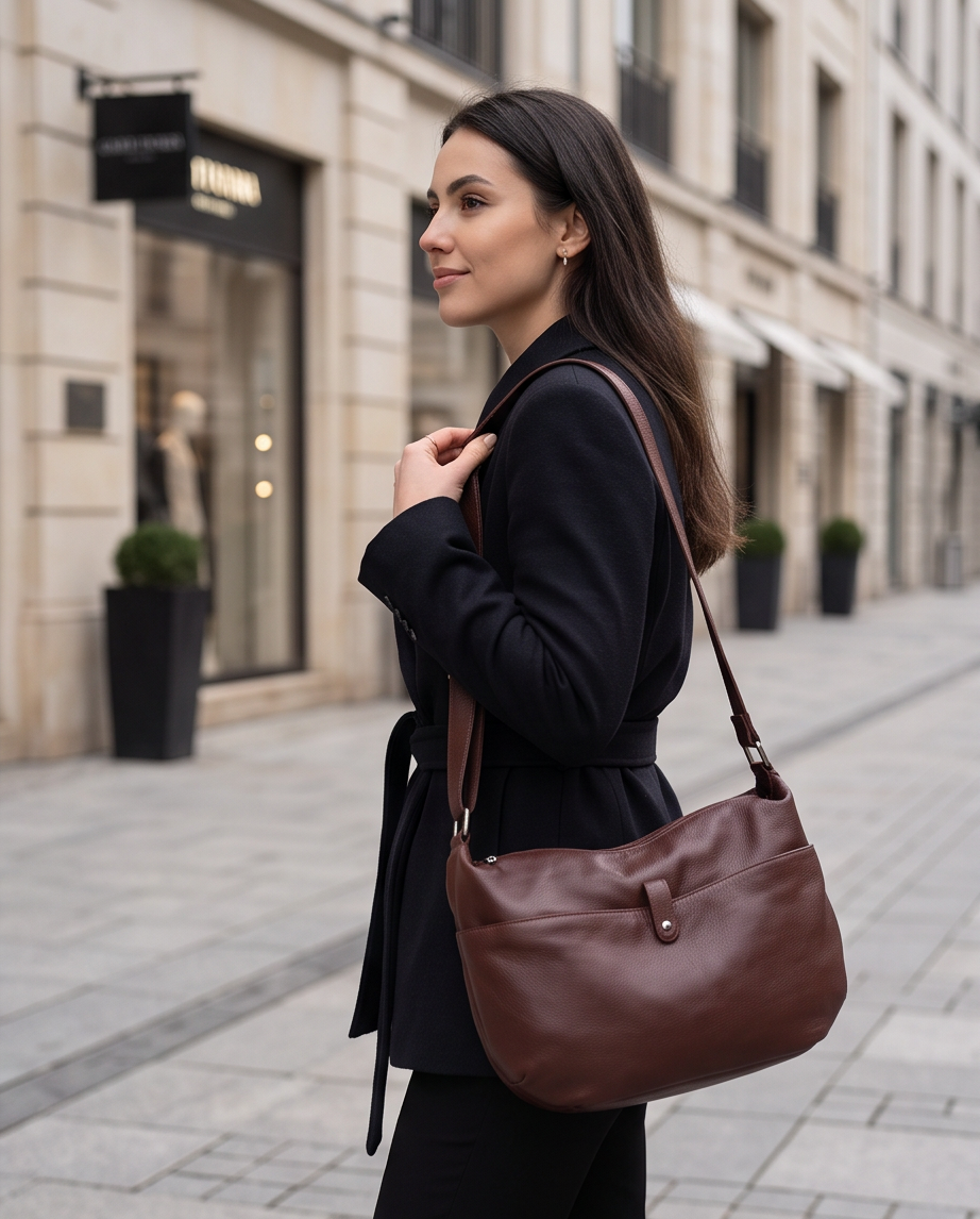 Q-AURELIA Full-Grain Leather Shoulder Bag for Women – Large Crossbody, Zip Entry & 4 Pockets