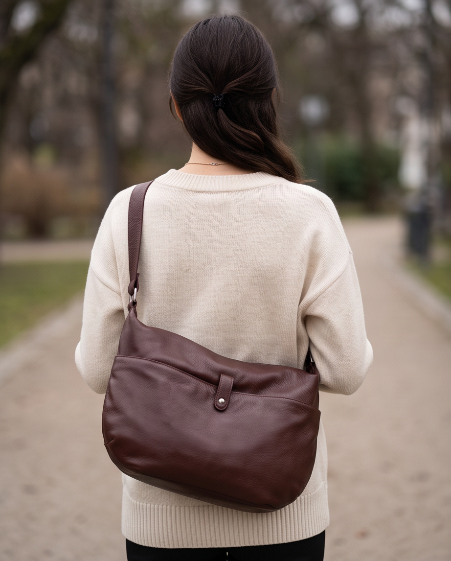 Q-AURELIA Full-Grain Leather Shoulder Bag for Women – Large Crossbody, Zip Entry & 4 Pockets