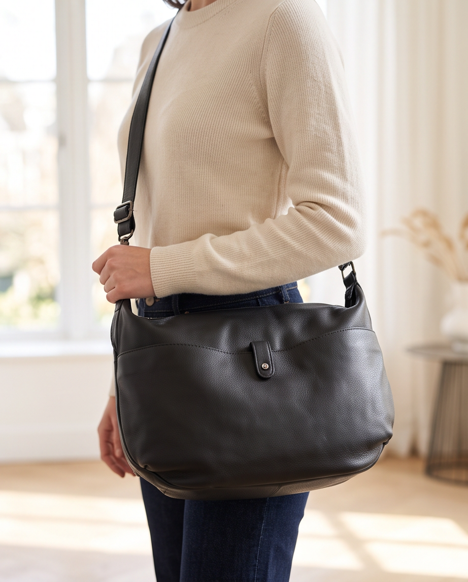 Q-AURELIA Full-Grain Leather Shoulder Bag for Women – Large Crossbody, Zip Entry & 4 Pockets
