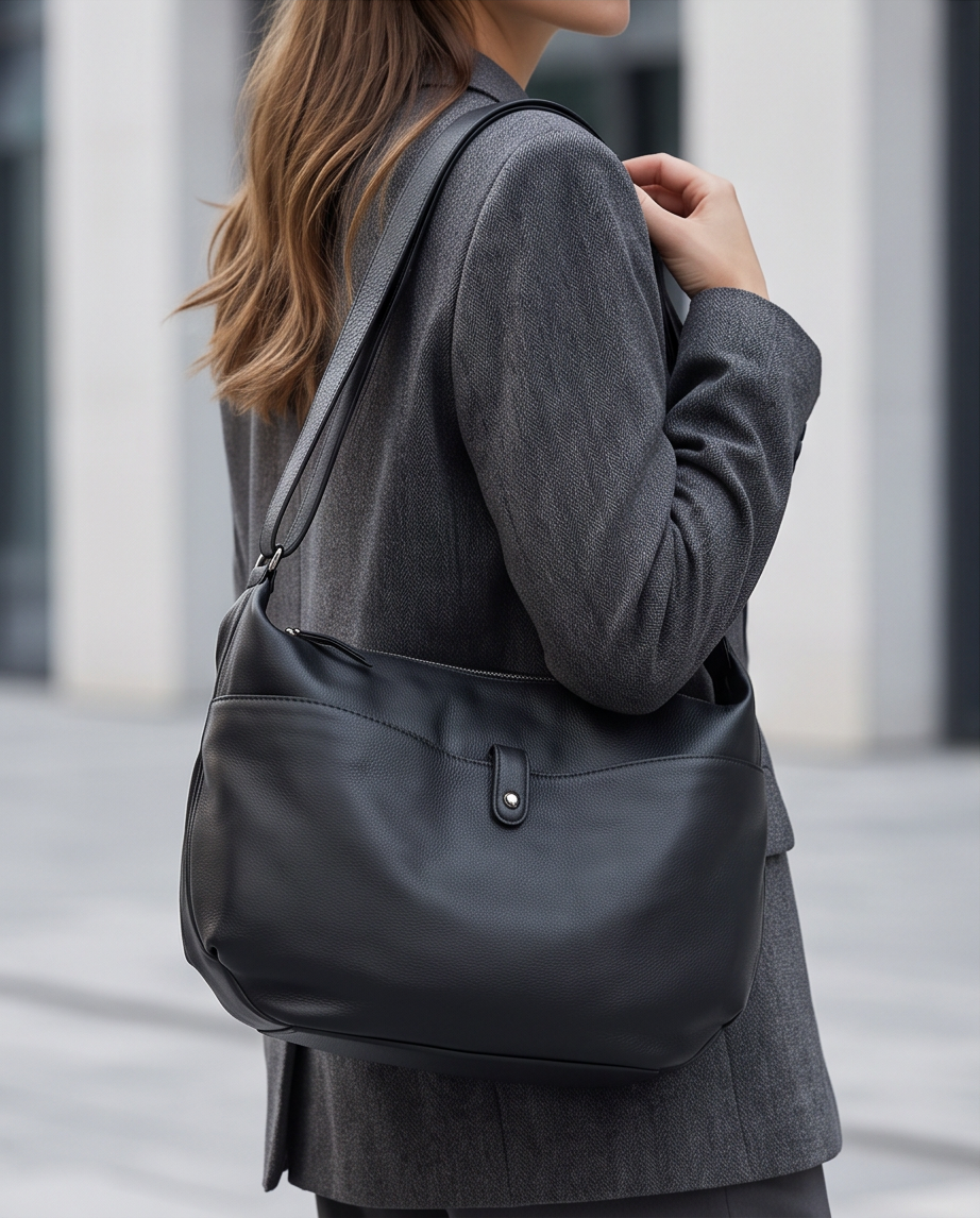 Q-AURELIA Full-Grain Leather Shoulder Bag for Women – Large Crossbody, Zip Entry & 4 Pockets
