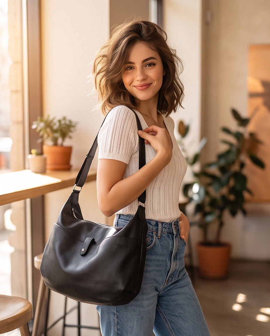 Q-AURELIA Full-Grain Leather Shoulder Bag for Women – Large Crossbody, Zip Entry & 4 Pockets