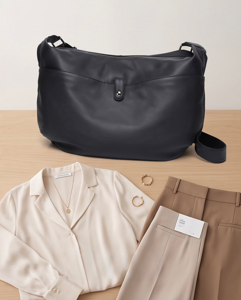 Q-AURELIA Full-Grain Leather Shoulder Bag for Women – Large Crossbody, Zip Entry & 4 Pockets