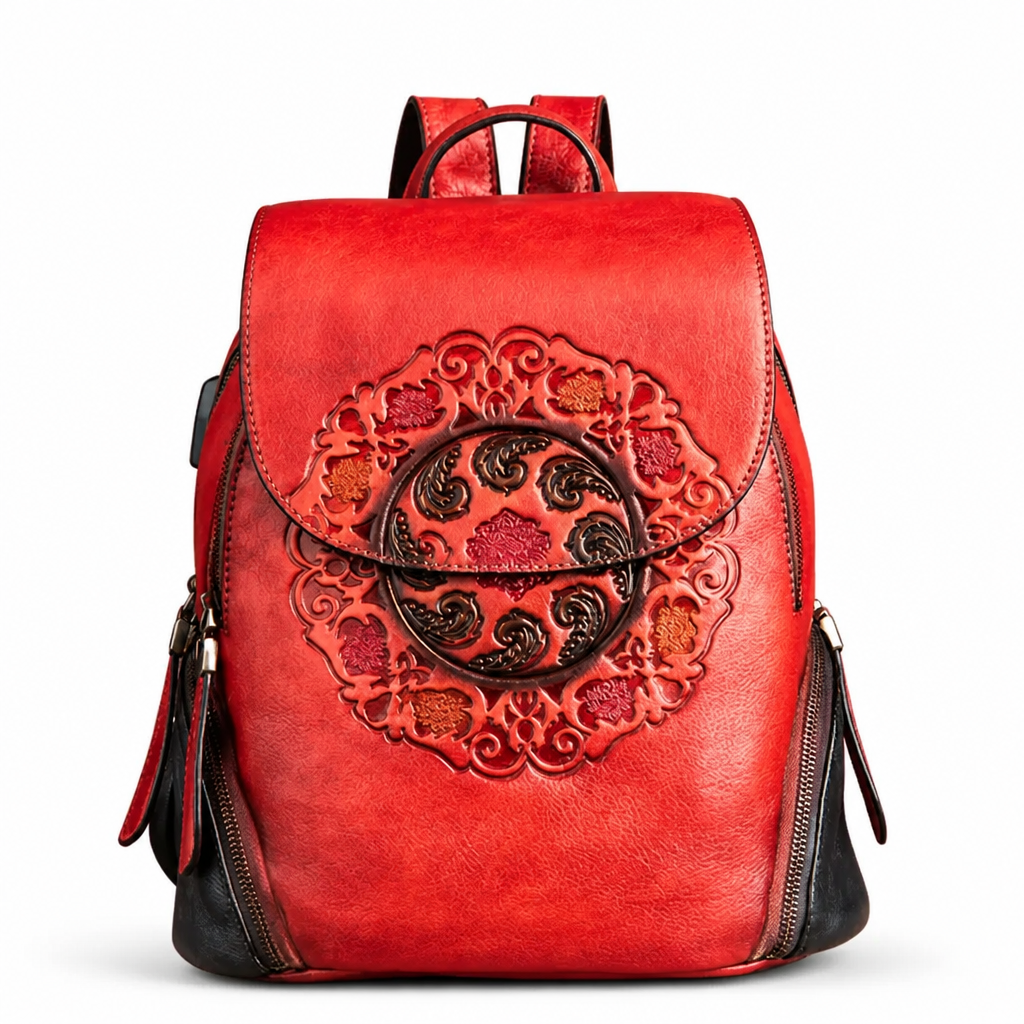 Q-SWEET Retro Genuine Leather Backpack for Women – USB Charging Port, Multi-Pocket