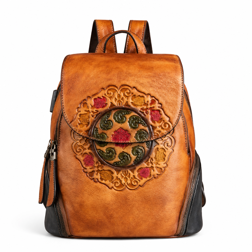 Q-SWEET Retro Genuine Leather Backpack for Women – USB Charging Port, Multi-Pocket