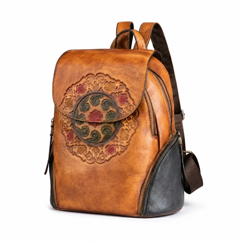 Q-SWEET Retro Genuine Leather Backpack for Women – USB Charging Port, Multi-Pocket