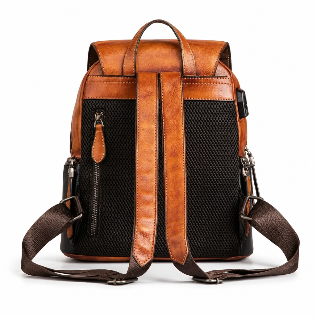 Q-SWEET Retro Genuine Leather Backpack for Women – USB Charging Port, Multi-Pocket