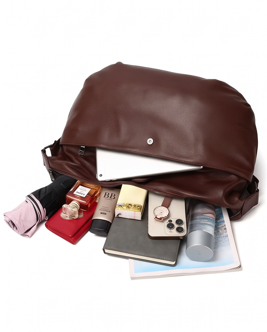 Q-AURELIA Full-Grain Leather Shoulder Bag for Women – Large Crossbody, Zip Entry & 4 Pockets
