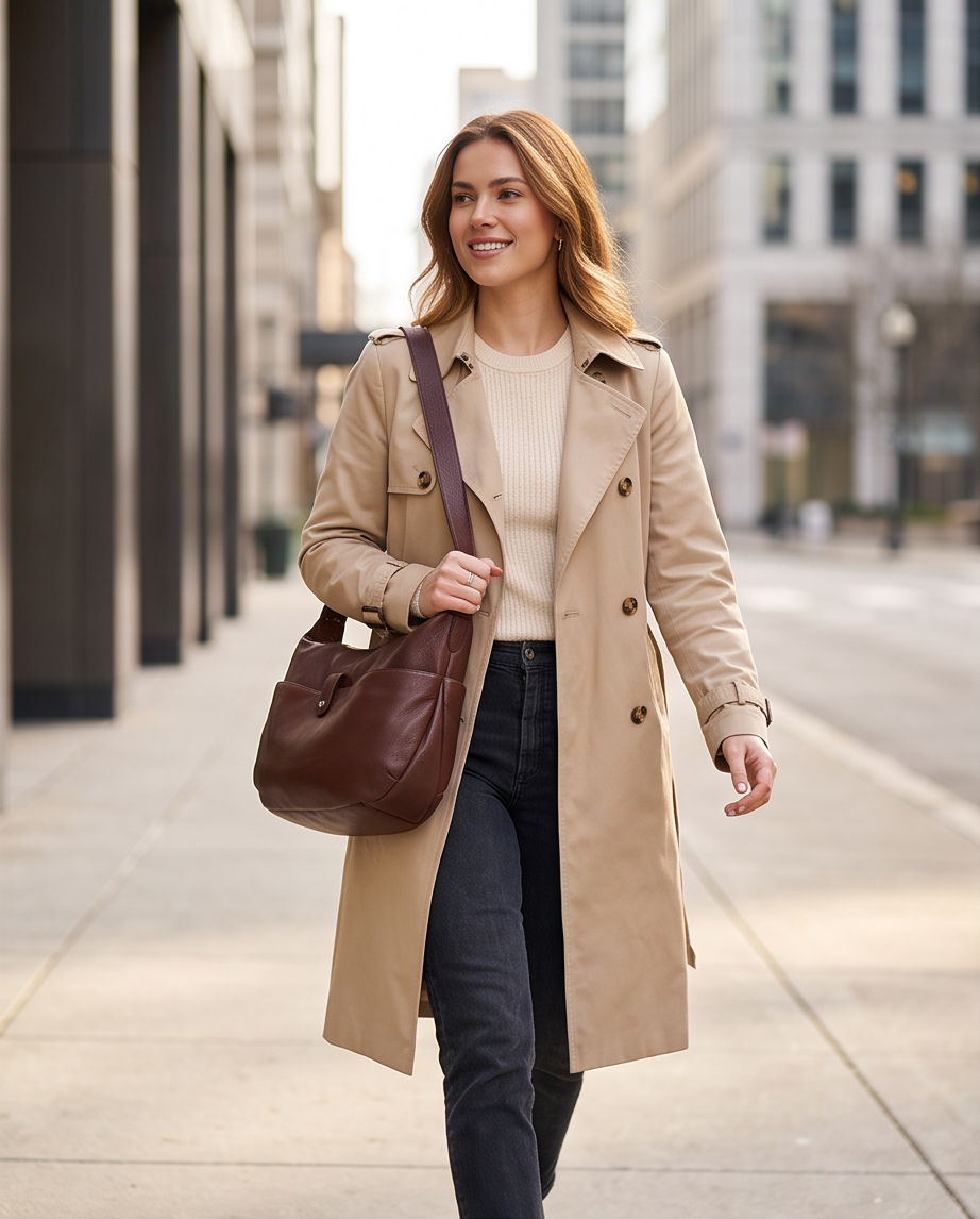 Q-AURELIA Full-Grain Leather Shoulder Bag for Women – Large Crossbody, Zip Entry & 4 Pockets