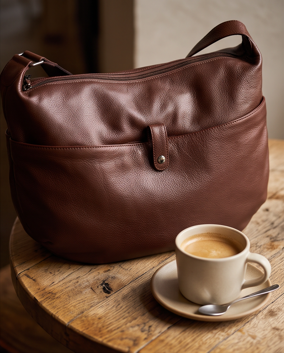 Q-AURELIA Full-Grain Leather Shoulder Bag for Women – Large Crossbody, Zip Entry & 4 Pockets