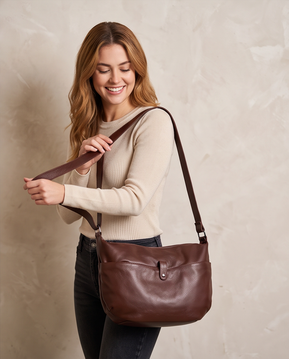 Q-AURELIA Full-Grain Leather Shoulder Bag for Women – Large Crossbody, Zip Entry & 4 Pockets