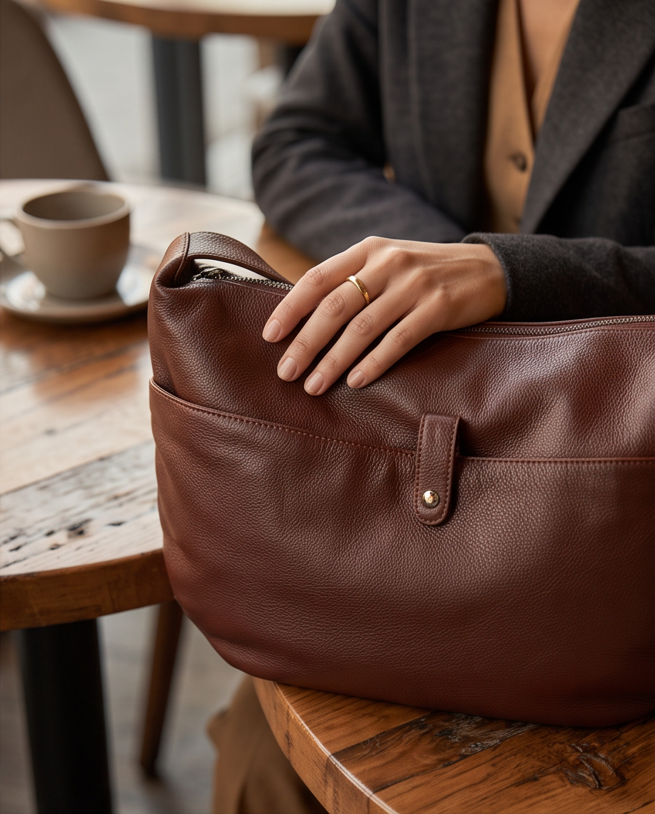Q-AURELIA Full-Grain Leather Shoulder Bag for Women – Large Crossbody, Zip Entry & 4 Pockets