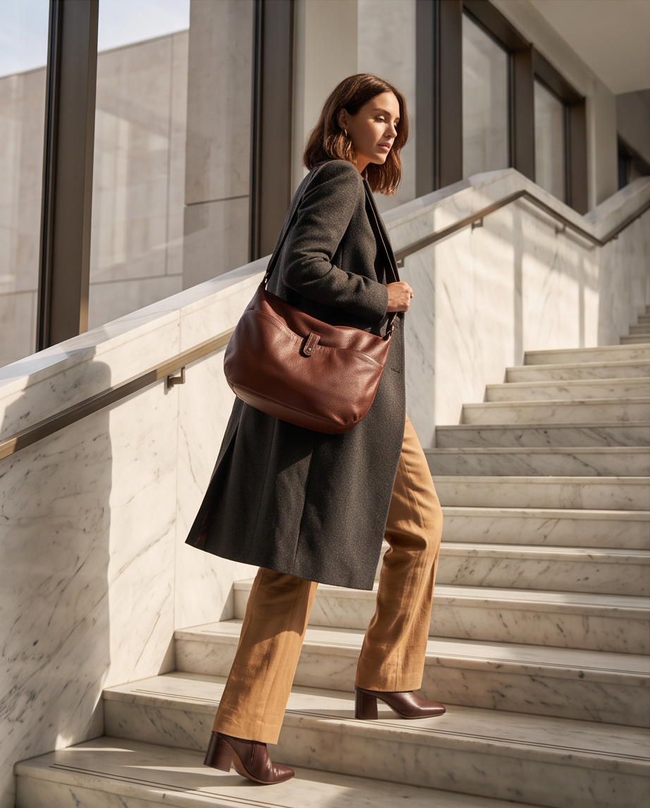 Q-AURELIA Full-Grain Leather Shoulder Bag for Women – Large Crossbody, Zip Entry & 4 Pockets