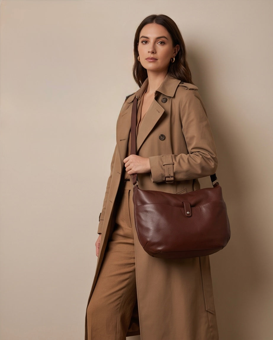 Q-AURELIA Full-Grain Leather Shoulder Bag for Women – Large Crossbody, Zip Entry & 4 Pockets