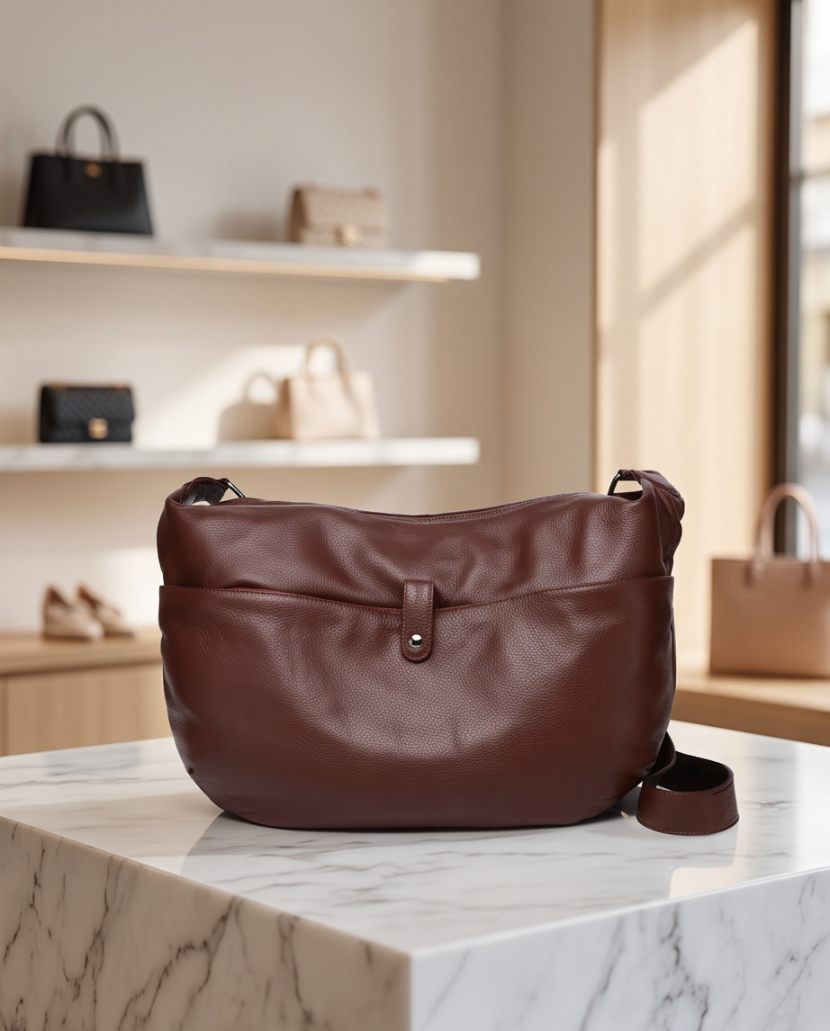 Q-AURELIA Full-Grain Leather Shoulder Bag for Women – Large Crossbody, Zip Entry & 4 Pockets
