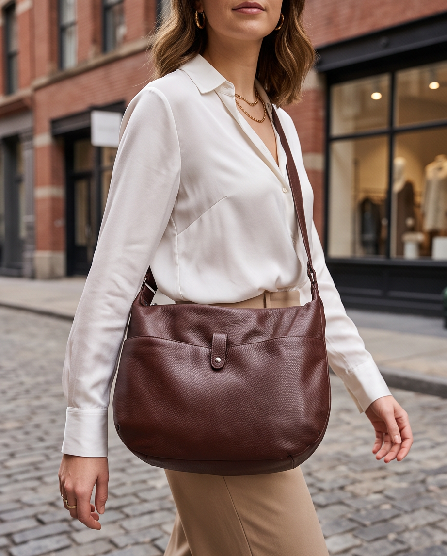 Q-AURELIA Full-Grain Leather Shoulder Bag for Women – Large Crossbody, Zip Entry & 4 Pockets