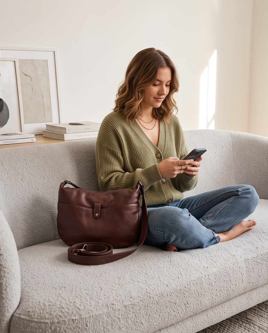 Q-AURELIA Full-Grain Leather Shoulder Bag for Women – Large Crossbody, Zip Entry & 4 Pockets