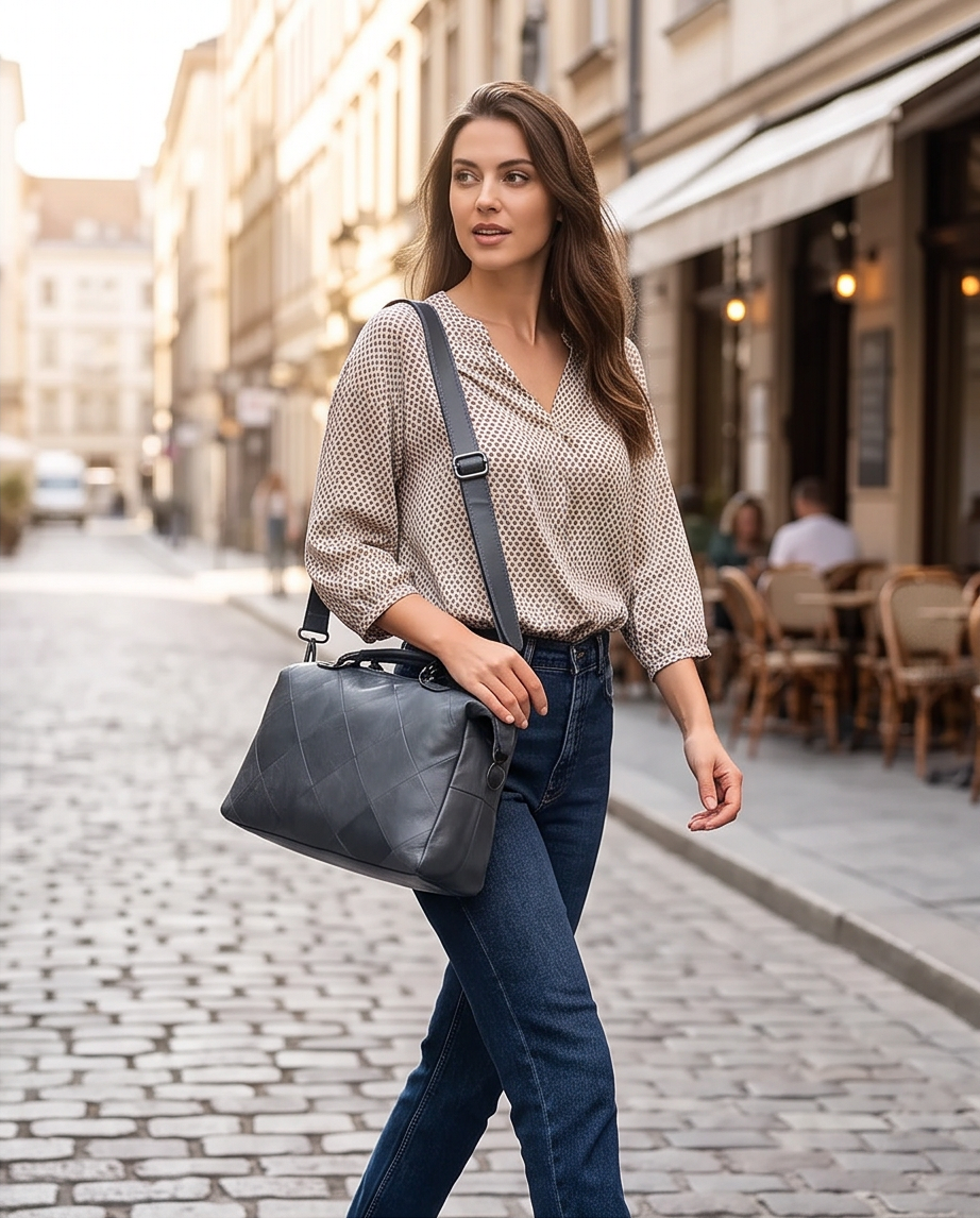 Q-VERA Full-Grain Leather Shoulder Bag for Women – Crossbody, Top Handle & Back Zip Pocket