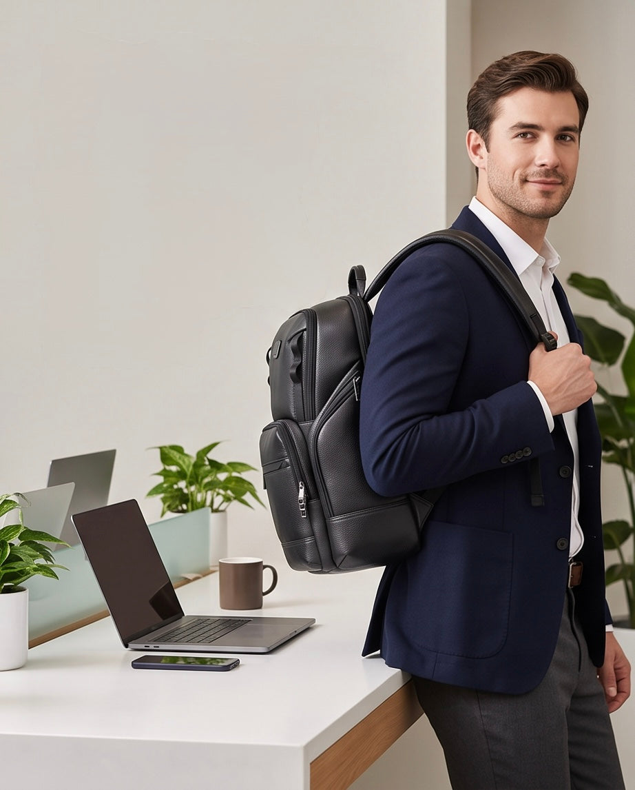 Q-AVENTURO Luxury Genuine Leather Business Backpack – 15.6" Laptop, Waterproof & Ergonomic