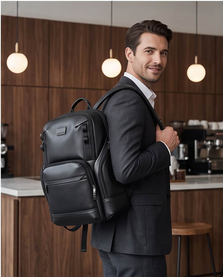 Q-AVENTURO Luxury Genuine Leather Business Backpack – 15.6" Laptop, Waterproof & Ergonomic