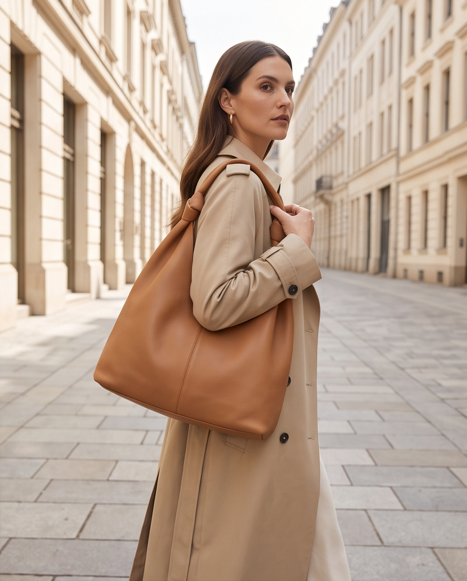 Q-LUCENTE Full-Grain Leather Tote Bag for Women – Magnetic Closure, Detachable Pouch & Roomy