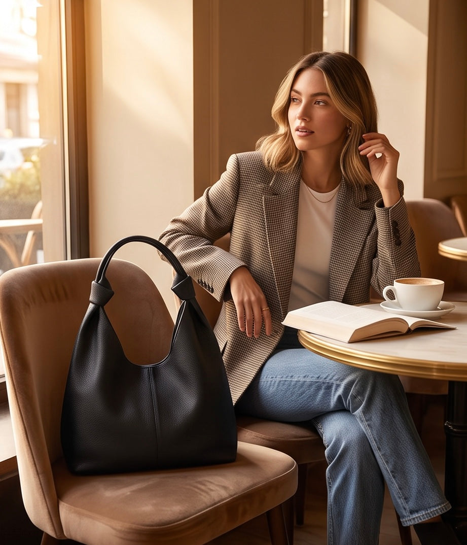 Q-LUCENTE Full-Grain Leather Tote Bag for Women – Magnetic Closure, Detachable Pouch & Roomy