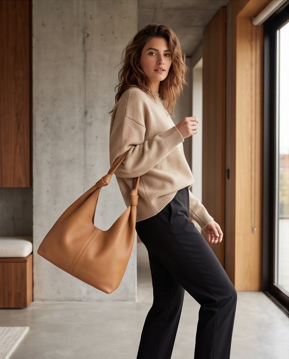 Q-LUCENTE Full-Grain Leather Tote Bag for Women – Magnetic Closure, Detachable Pouch & Roomy