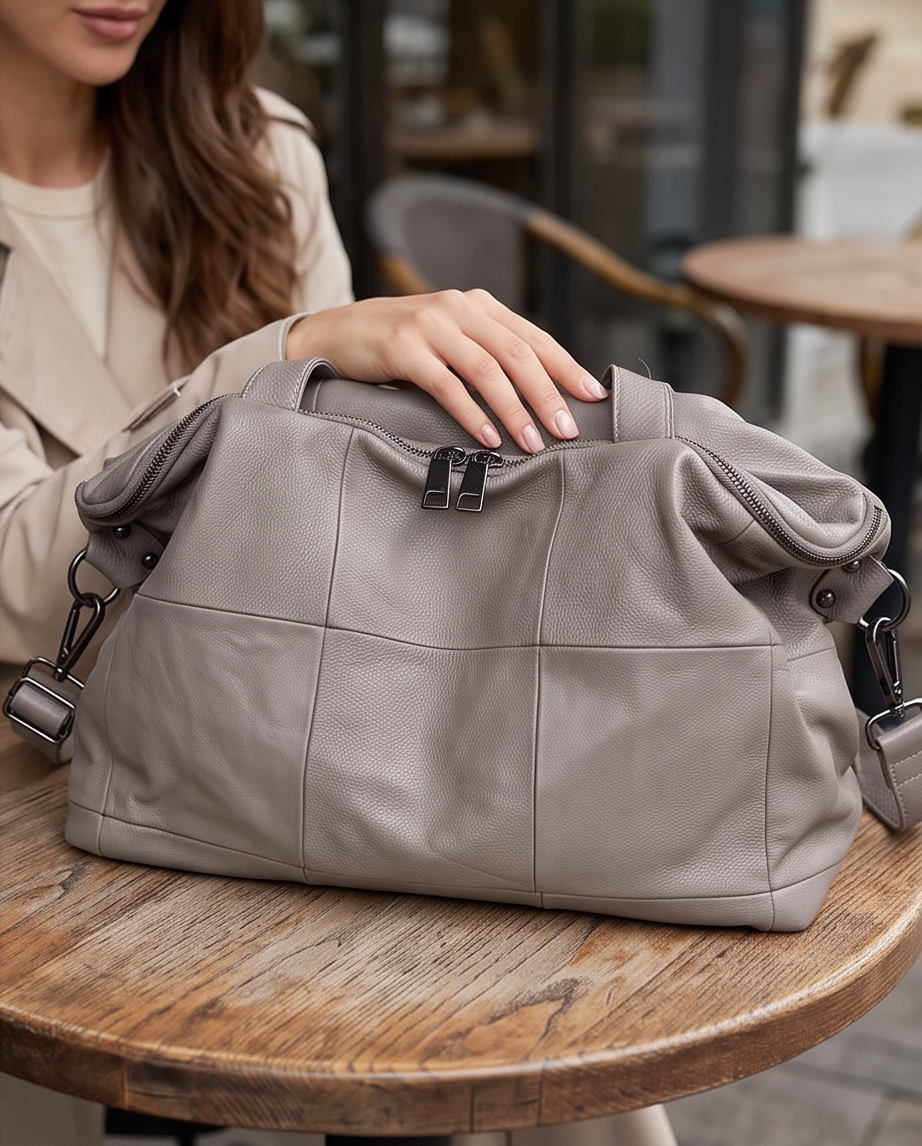 Q-VIVACE Full-Grain Leather Shoulder Duffel Bag for Women – Large Capacity Crossbody & Travel